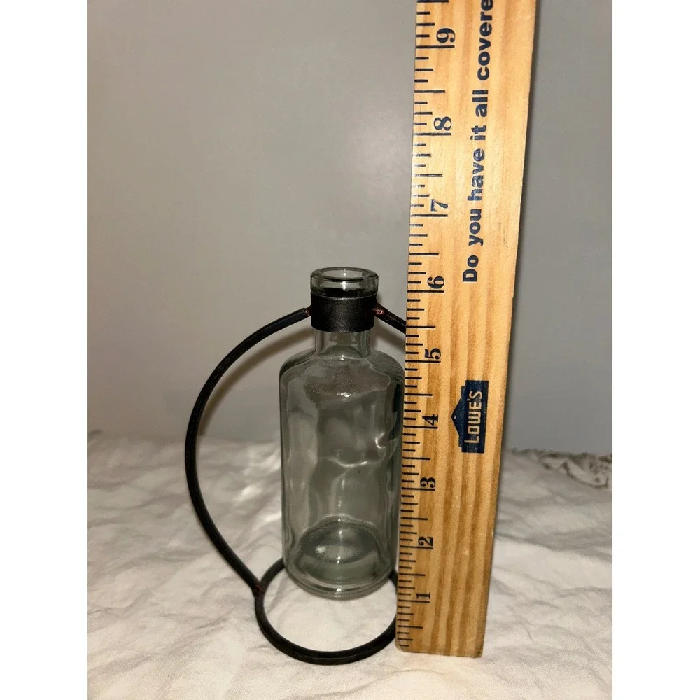 Modern Industrial Glass Bud Vase with Circular Black Metal Frame Stand 6.5 Inch